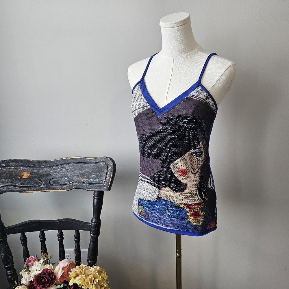 Artistic Beaded Top with Blue Accents